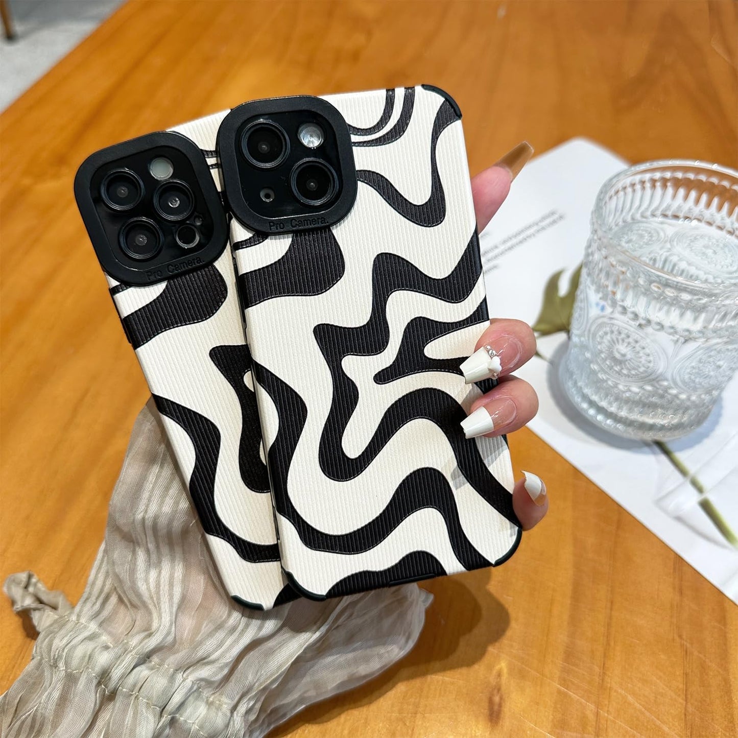 Designed for iPhone 12 13 14 15 16 Phone Case, Soft PU Leather TPU and Cute Art Wavy Painted for Women Girls, Slim Protective Shockproof Compatible with iPhone Case