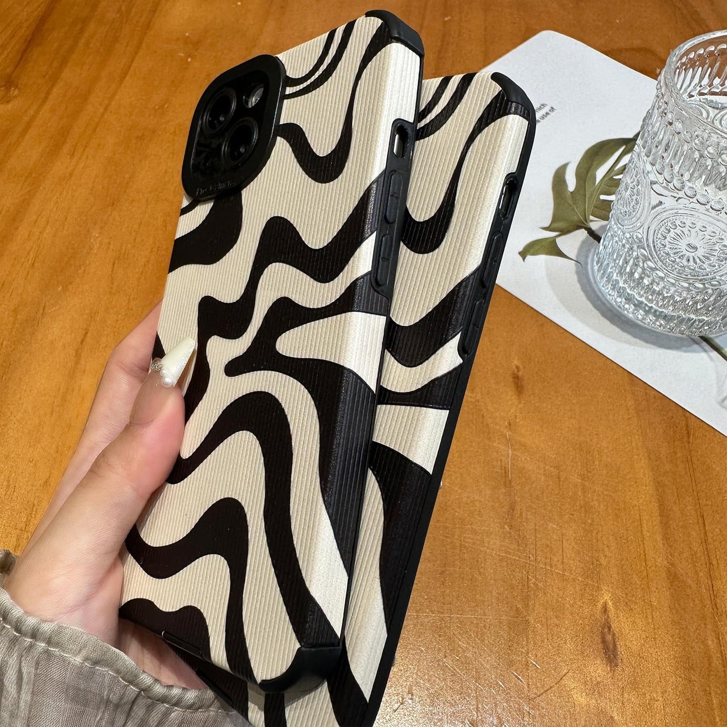 Designed for iPhone 12 13 14 15 16 Phone Case, Soft PU Leather TPU and Cute Art Wavy Painted for Women Girls, Slim Protective Shockproof Compatible with iPhone Case