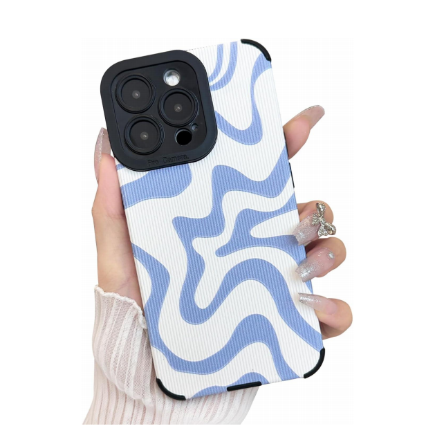 Designed for iPhone 12 13 14 15 16 Phone Case, Soft PU Leather TPU and Cute Art Wavy Painted for Women Girls, Slim Protective Shockproof Compatible with iPhone Case