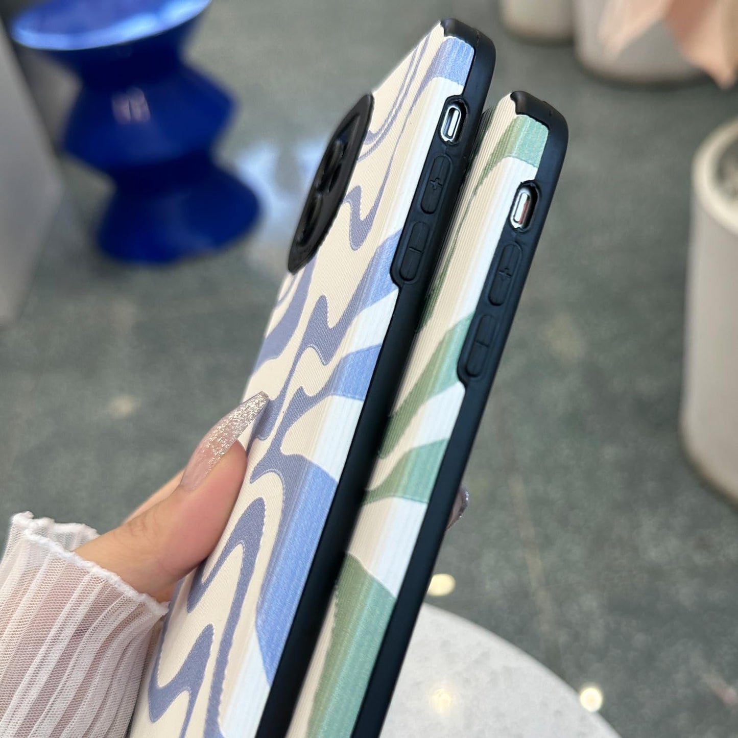 Designed for iPhone 12 13 14 15 16 Phone Case, Soft PU Leather TPU and Cute Art Wavy Painted for Women Girls, Slim Protective Shockproof Compatible with iPhone Case
