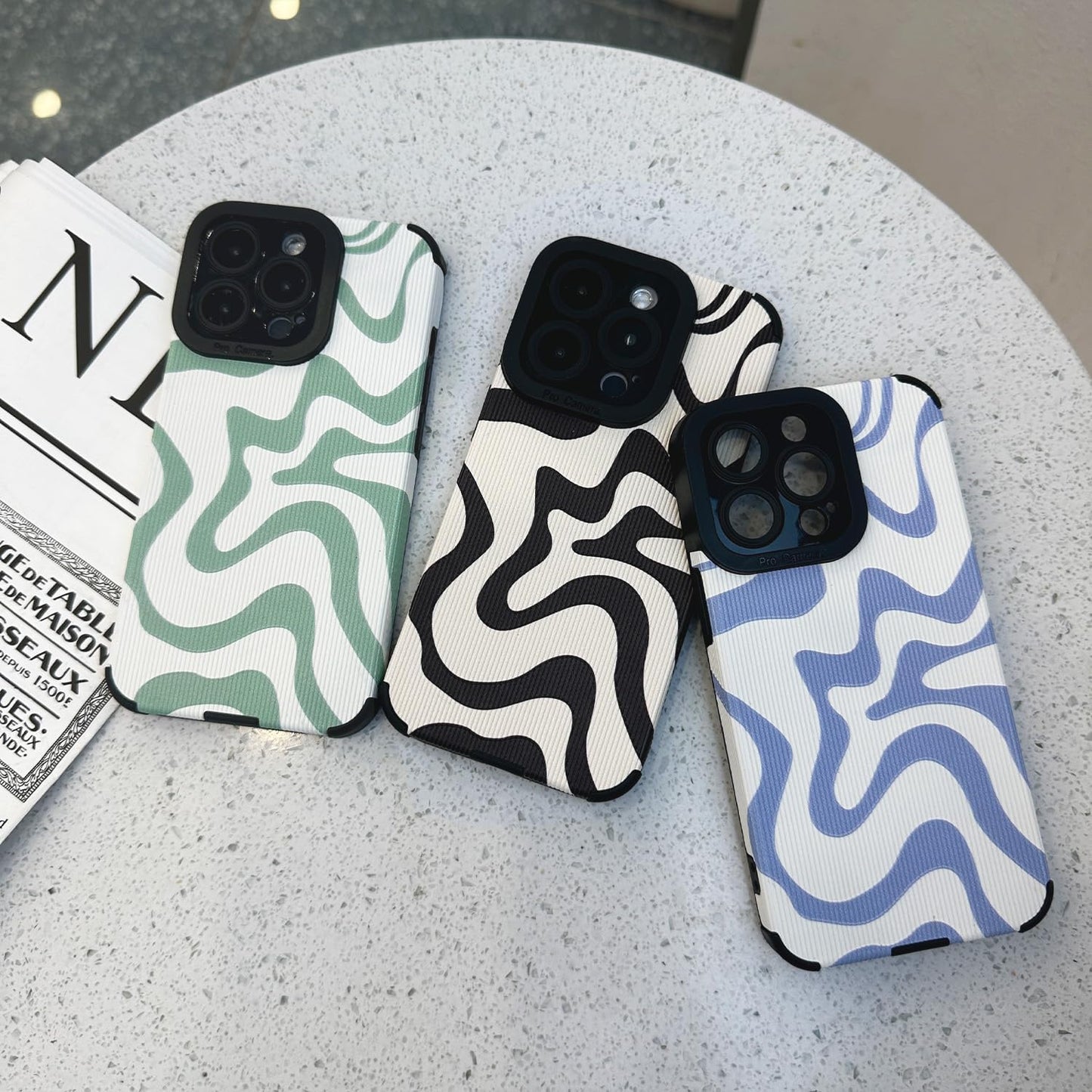 Designed for iPhone 12 13 14 15 16 Phone Case, Soft PU Leather TPU and Cute Art Wavy Painted for Women Girls, Slim Protective Shockproof Compatible with iPhone Case