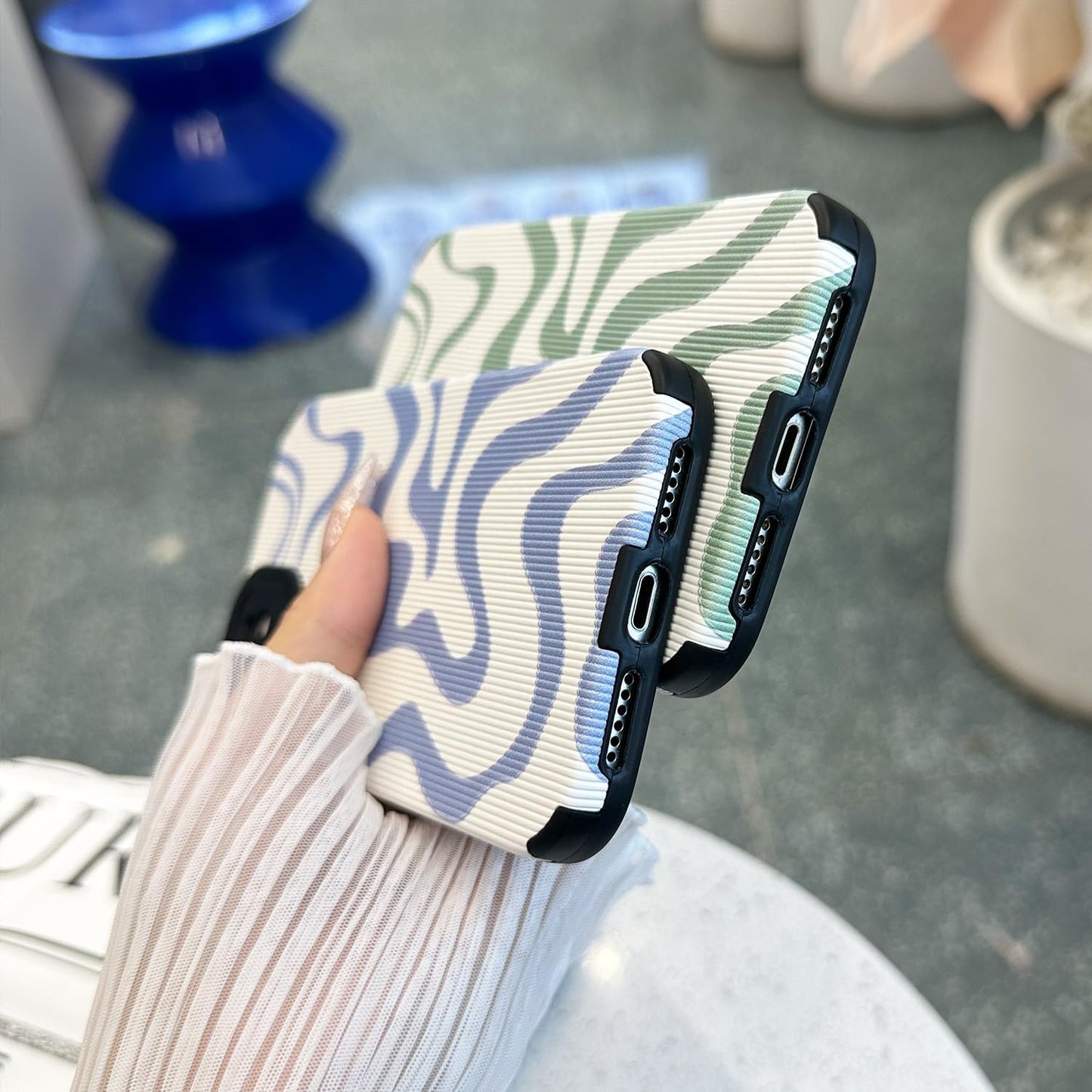 Designed for iPhone 12 13 14 15 16 Phone Case, Soft PU Leather TPU and Cute Art Wavy Painted for Women Girls, Slim Protective Shockproof Compatible with iPhone Case