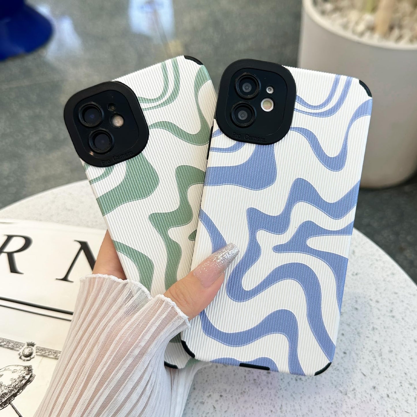 Designed for iPhone 12 13 14 15 16 Phone Case, Soft PU Leather TPU and Cute Art Wavy Painted for Women Girls, Slim Protective Shockproof Compatible with iPhone Case