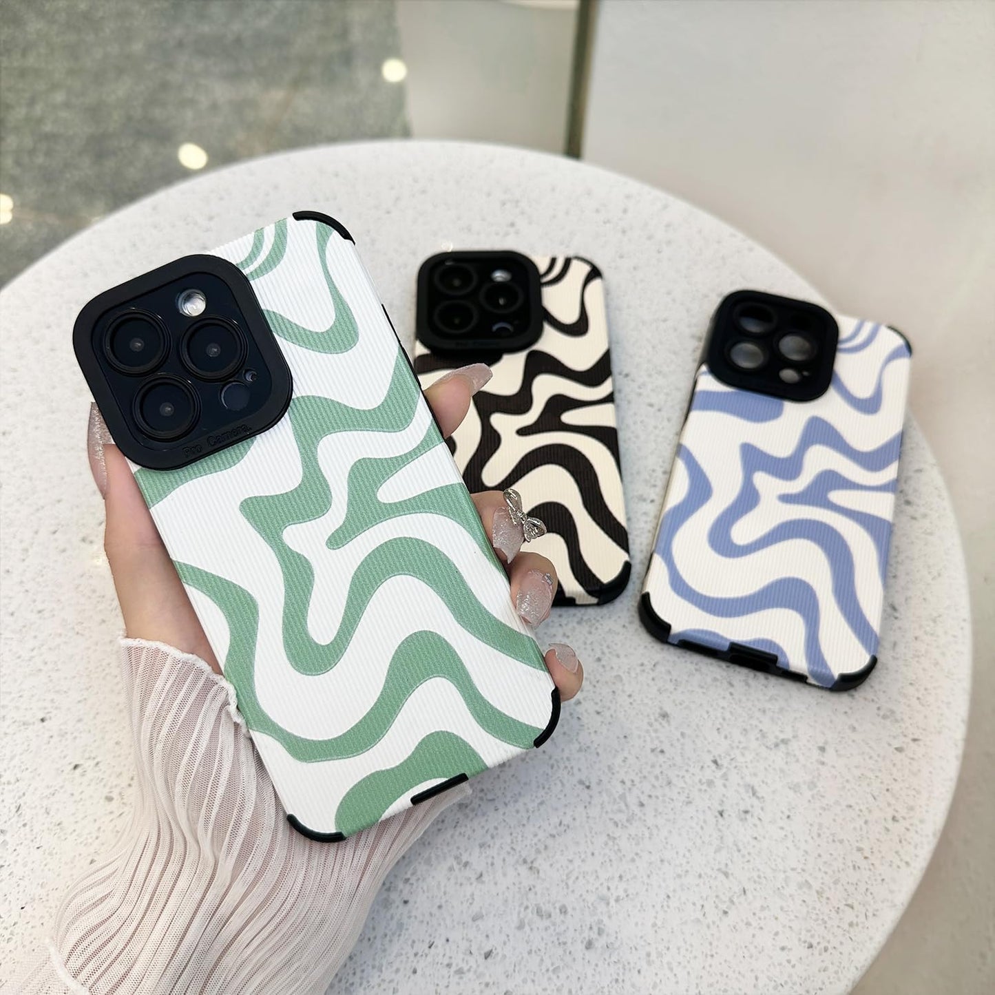 Designed for iPhone 12 13 14 15 16 Phone Case, Soft PU Leather TPU and Cute Art Wavy Painted for Women Girls, Slim Protective Shockproof Compatible with iPhone Case
