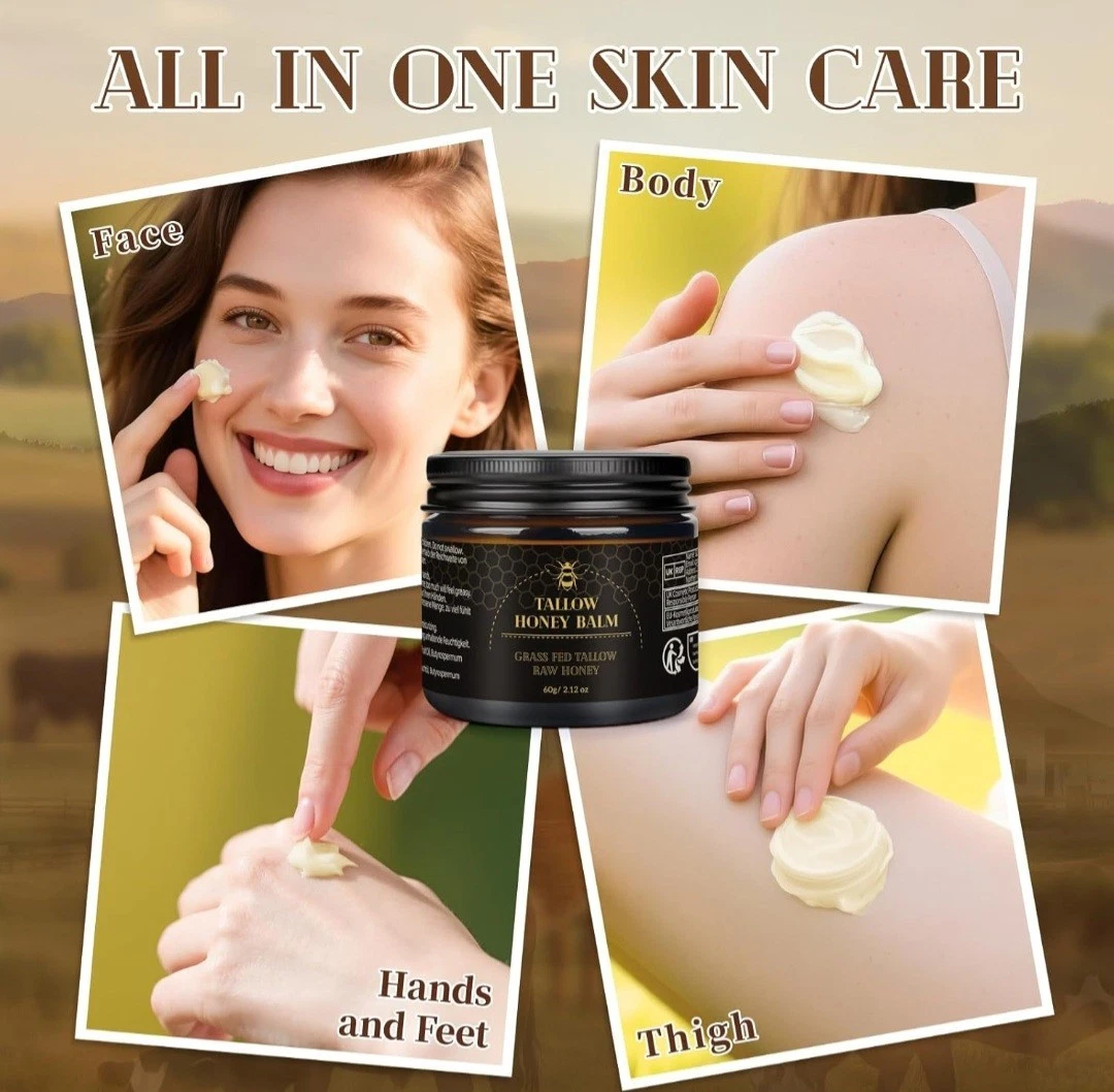 Organic Grass-Fed Beef Tallow Balm with Raw Honey - Moisturizing Cream for Soft, Smooth Skin - Handmade All-Natural Moisturizer 57g