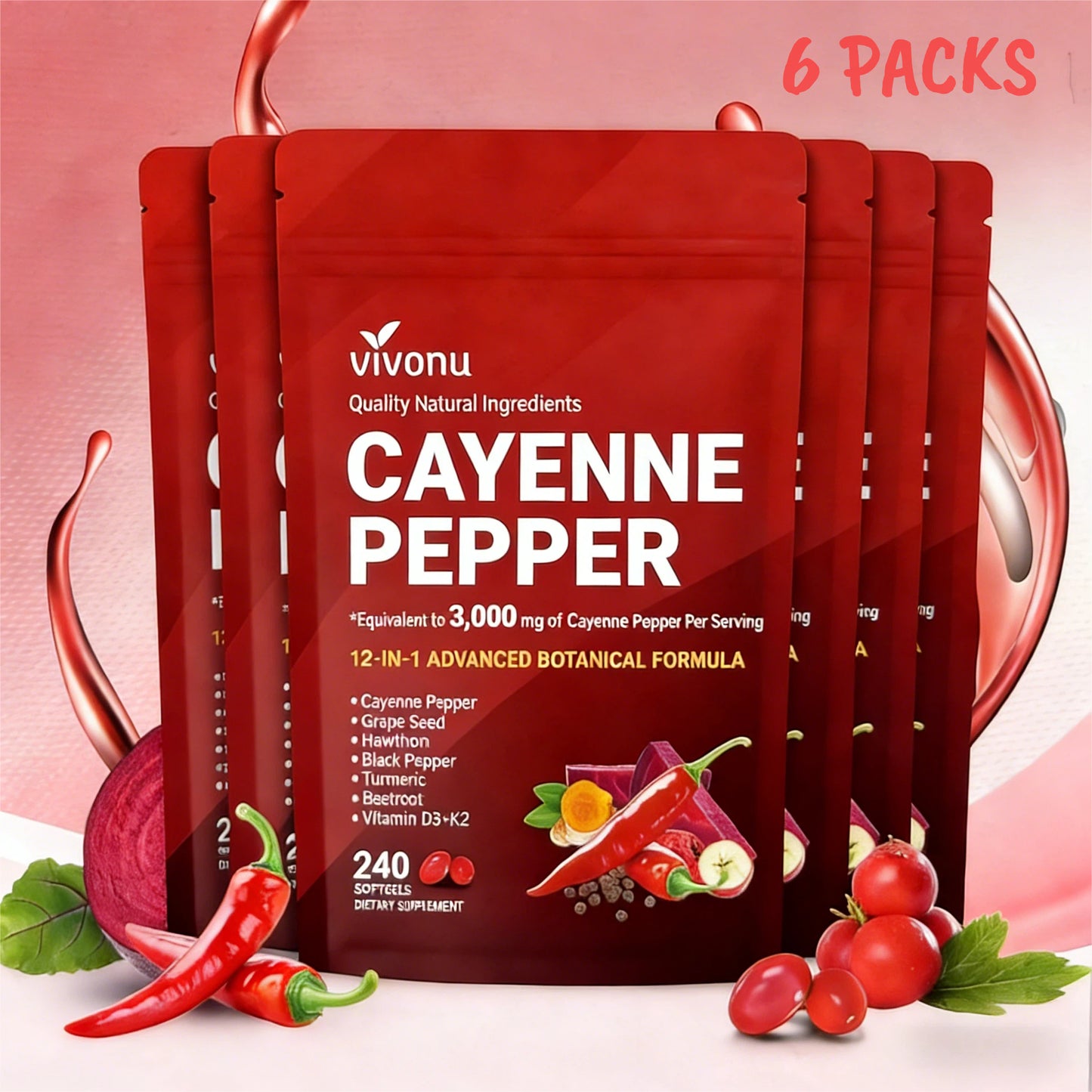 Cayenne Pepper Softgels Supplement, Supports Leg Vein, Heart and Blood Vessel Health, with Vitamin E D3+K2 and Beetrootand Others(3PACKS)