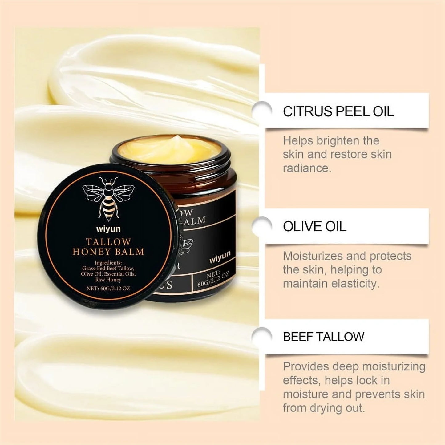 Organic Grass-Fed Beef Tallow Balm with Raw Honey - Moisturizing Cream for Soft, Smooth Skin - Handmade All-Natural Moisturizer 57g