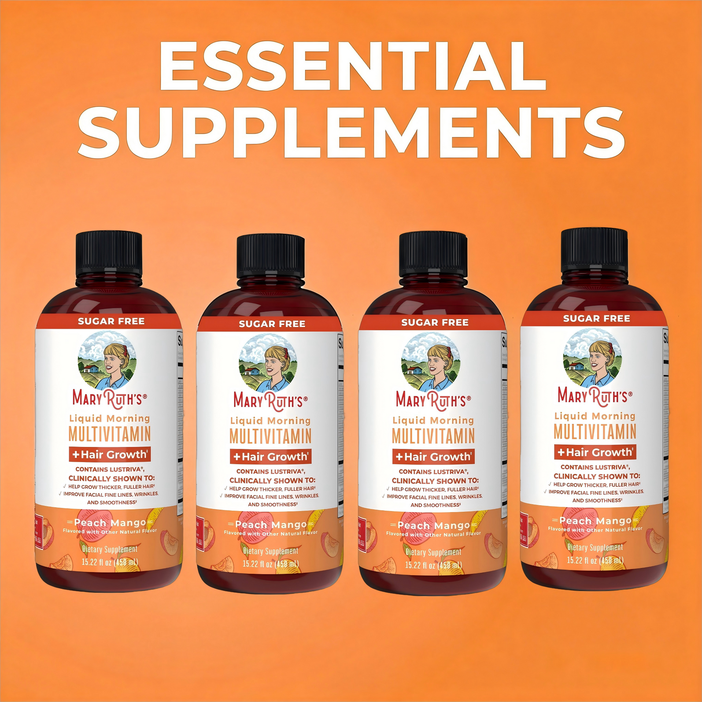 Liquid Multivitamin+Hair Growth | Clinically Tested for Thicker Hair & Facial Wrinkles in Women | Vitamin C & D3 | Peach Mango 15 Fl Oz