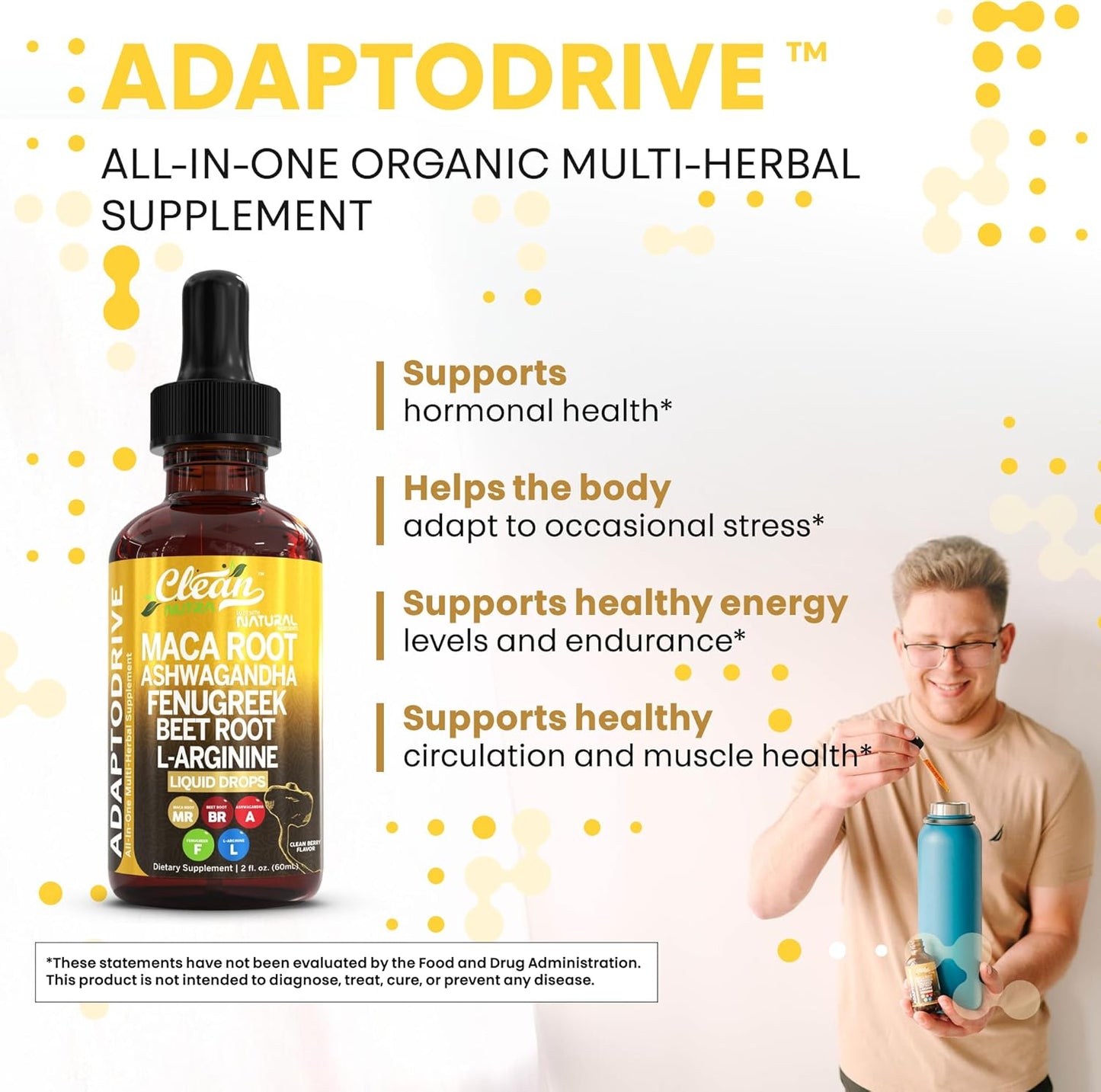 Organic Maca Root Liquid Drops with Ashwagandha, Fenugreek, Beet Root & L-Arginine – Liquid Multivitamin for Women & Men – Adapto Drive