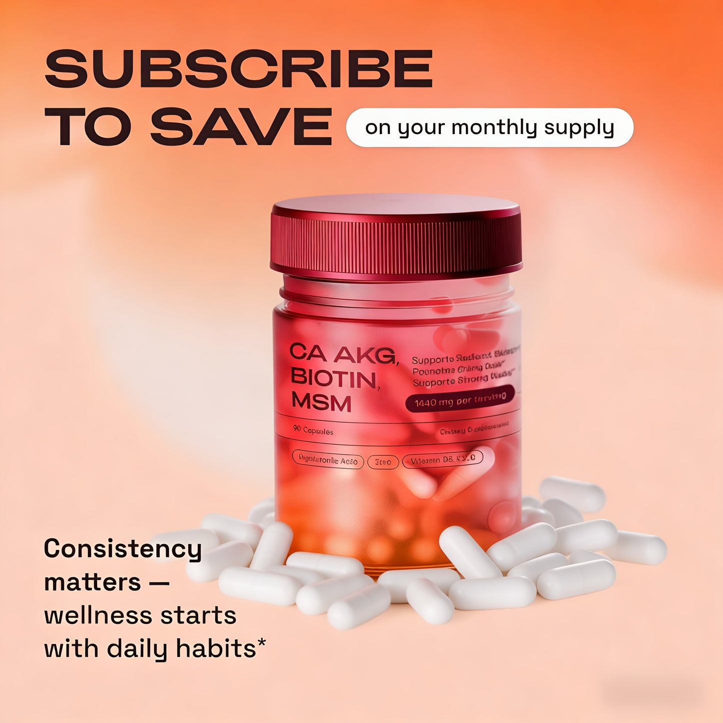 Hair & Nails Supplement,con Ca AKG MSM Ácido hialurónico, Biotina, promueve el cabello brillante y uñas fuertes