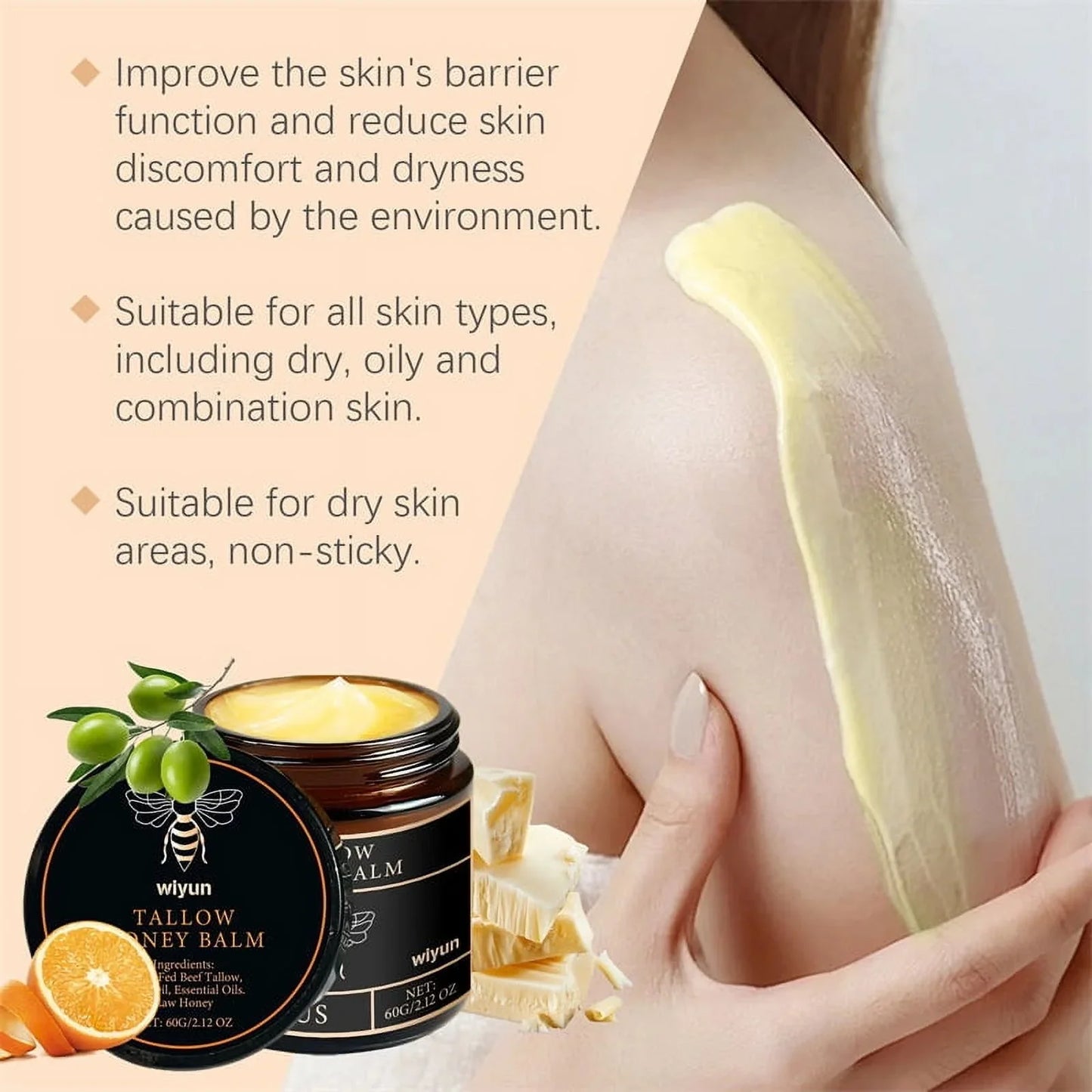 Organic Grass-Fed Beef Tallow Balm with Raw Honey - Moisturizing Cream for Soft, Smooth Skin - Handmade All-Natural Moisturizer 57g