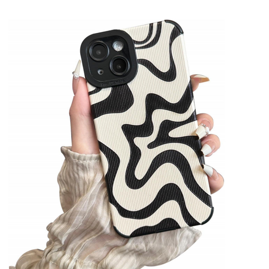 Designed for iPhone 12 13 14 15 16 Phone Case, Soft PU Leather TPU and Cute Art Wavy Painted for Women Girls, Slim Protective Shockproof Compatible with iPhone Case