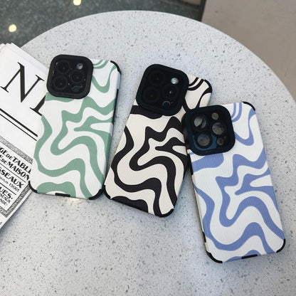 Designed for iPhone 12 13 14 15 16 Phone Case, Soft PU Leather TPU and Cute Art Wavy Painted for Women Girls, Slim Protective Shockproof Compatible with iPhone Case
