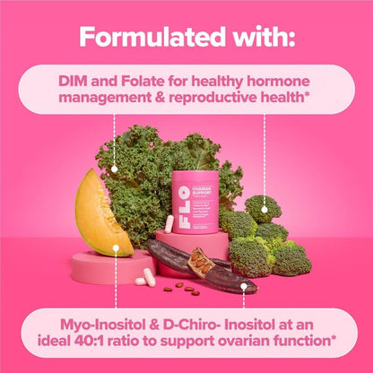 O Positiv FLO Ovarian Health Support - Hormone Balance for Women, Supplement with DIM, Myo & D-Chiro Inositol, Folic Acid - Supports Healthy Ovulation, Cycle Regularity - 30 Servings