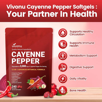Cayenne Pepper Softgels Supplement, Supports Leg Vein, Heart and Blood Vessel Health, with Vitamin E D3+K2 and Extracts of Grape Seed, Hawthorn, Beetroot, Berberine and Others(240 Softgels/1 Bag)