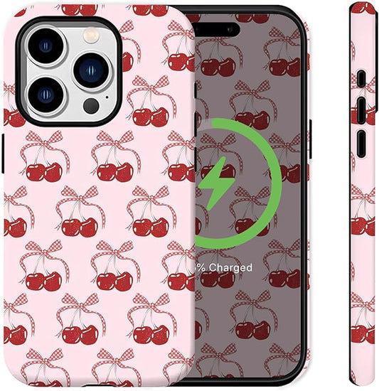 Compatible with Phone Protective Case, Pink Cherry Bowknot Floral Polka Dot Lace Aide Beautiful Girl Design [Compatible with Magasfe] Shockproof Soft TPU and Hard Shell Protective Cute Phone Case