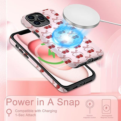 Compatible with Phone Protective Case, Pink Cherry Bowknot Floral Polka Dot Lace Aide Beautiful Girl Design [Compatible with Magasfe] Shockproof Soft TPU and Hard Shell Protective Cute Phone Case
