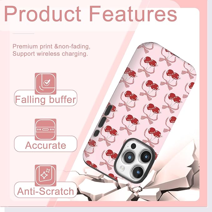 Compatible with Phone Protective Case, Pink Cherry Bowknot Floral Polka Dot Lace Aide Beautiful Girl Design [Compatible with Magasfe] Shockproof Soft TPU and Hard Shell Protective Cute Phone Case