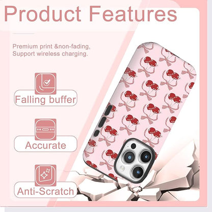 Compatible with Phone Protective Case, Pink Cherry Bowknot Floral Polka Dot Lace Aide Beautiful Girl Design [Compatible with Magasfe] Shockproof Soft TPU and Hard Shell Protective Cute Phone Case