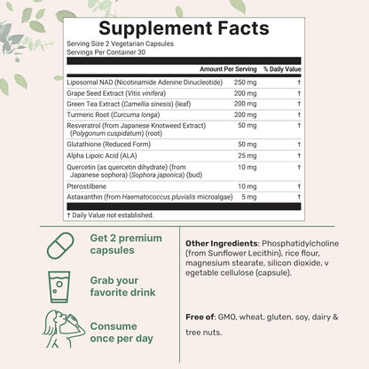 Liposomal NAD+ Ultimate 1,000mg | 60 Veggie Capsules | NMN Pathway Formula | 10-in-1 with Resveratrol, Glutathione & Astaxanthin | NAD Supplement for Women & Men | Anti-Aging, Energy, & Brain Support