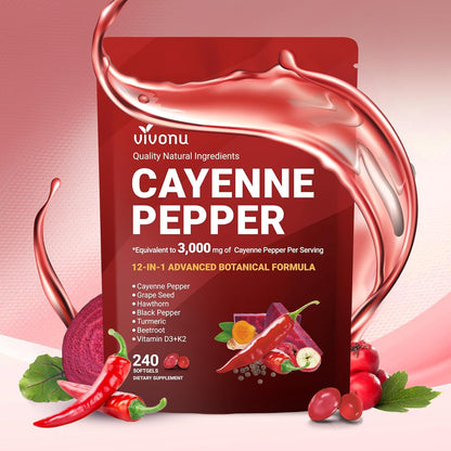 Cayenne Pepper Softgels Supplement, Supports Leg Vein, Heart and Blood Vessel Health, with Vitamin E D3+K2 and Extracts of Grape Seed, Hawthorn, Beetroot, Berberine and Others(240 Softgels/1 Bag)