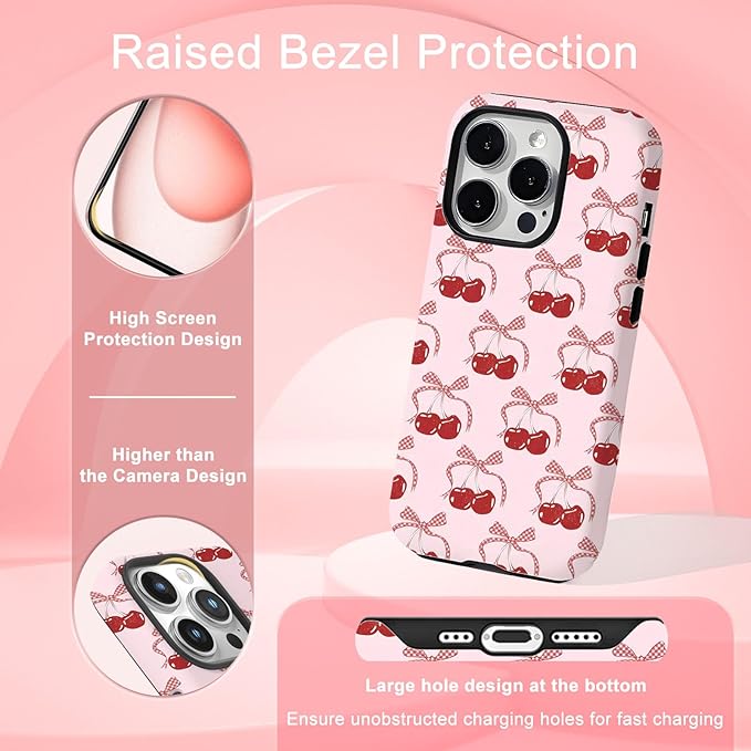 Compatible with Phone Protective Case, Pink Cherry Bowknot Floral Polka Dot Lace Aide Beautiful Girl Design [Compatible with Magasfe] Shockproof Soft TPU and Hard Shell Protective Cute Phone Case