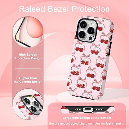 Compatible with Phone Protective Case, Pink Cherry Bowknot Floral Polka Dot Lace Aide Beautiful Girl Design [Compatible with Magasfe] Shockproof Soft TPU and Hard Shell Protective Cute Phone Case