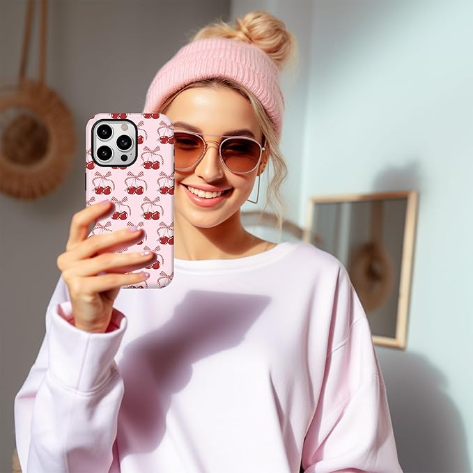 Compatible with Phone Protective Case, Pink Cherry Bowknot Floral Polka Dot Lace Aide Beautiful Girl Design [Compatible with Magasfe] Shockproof Soft TPU and Hard Shell Protective Cute Phone Case
