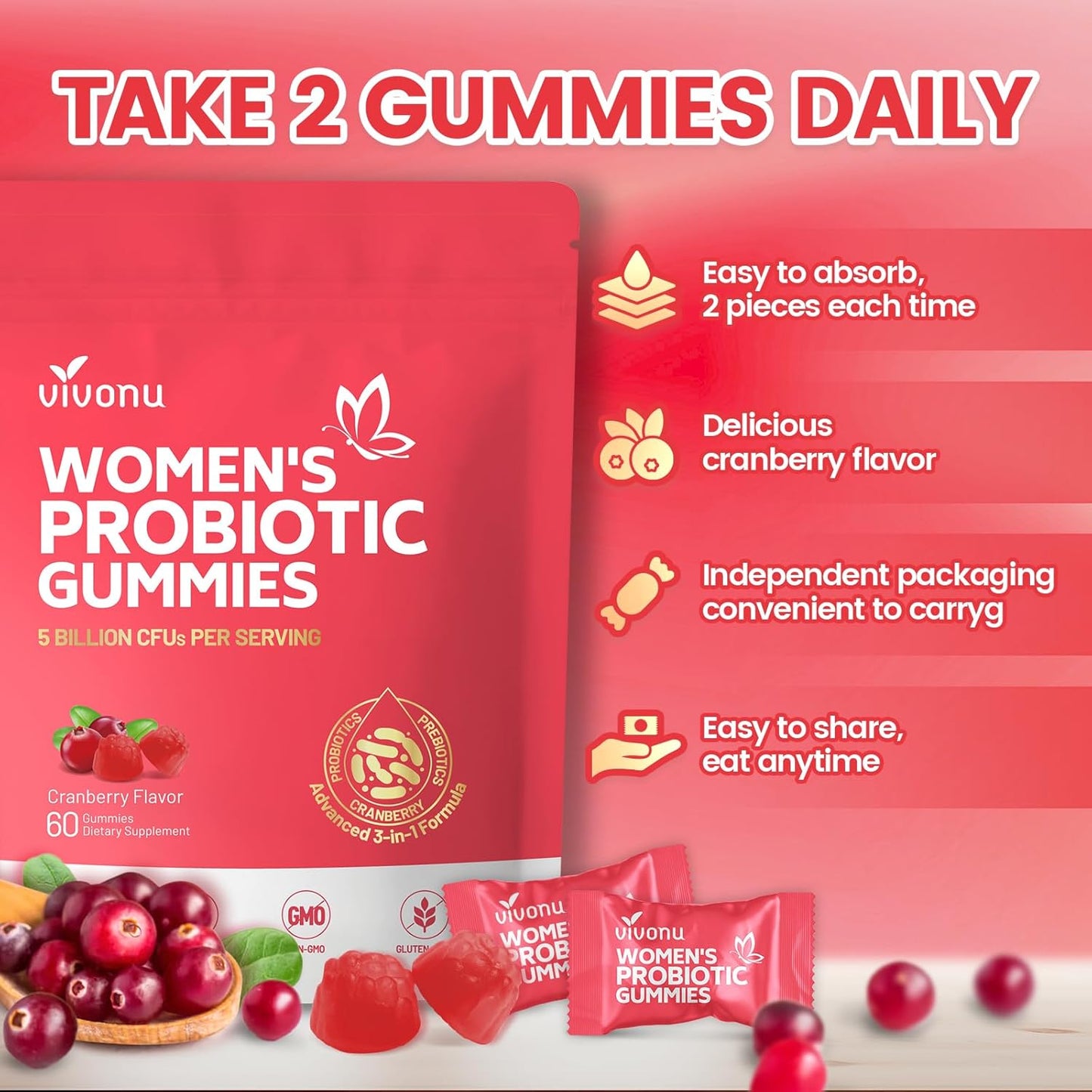 VivoNu Feminine Balance Probiotic Gummies for Women – Yeast & pH Balance Support with Cranberry & Prebiotics | Vegan, Gluten-Free, Halal | 60 Gummies