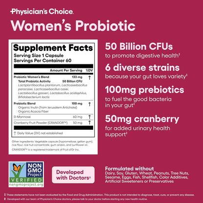 Physician's Choice Probiotics - PH Balance, Digestive, UT, & Feminine Health - 50 Billion CFU - 6 Unique Strains for Women - Organic Prebiotics, Cranberry Extract+ - Probiotic - 60 CT