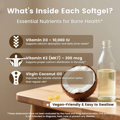 VEV Corefeel Vitamin D3 K2 10,000 IU, 200 mcg MK-7, 300 Coconut Oil Softgels, 2 in 1 Vitamins Supplement D & K (Include MK7), Easy to Swallow, Supports Calcium Absorption, Bone Health