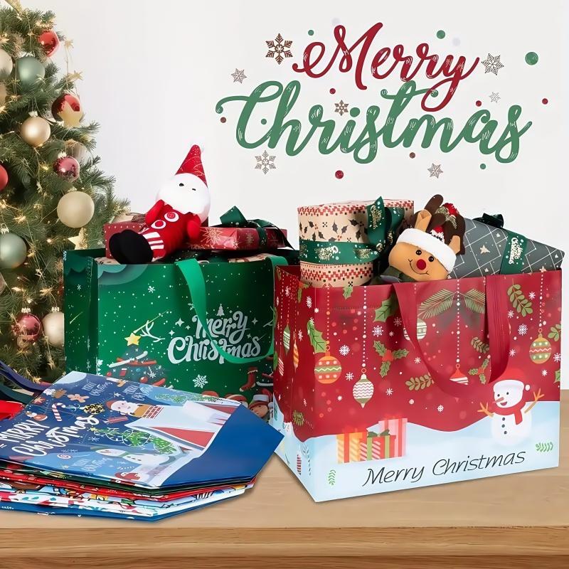 Reusable Christmas Gift Bags Set of 16 | Assorted Holiday Designs, Water-Resistant & Foldable for Easy Storage