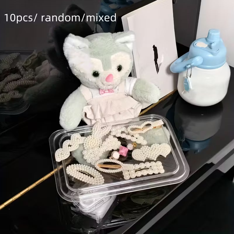 Korean Fashion Pearl Hair Clips Set | 10PCS Solid Color Bow Tie Barrettes with Non-Slip Duckbill Grips for Women