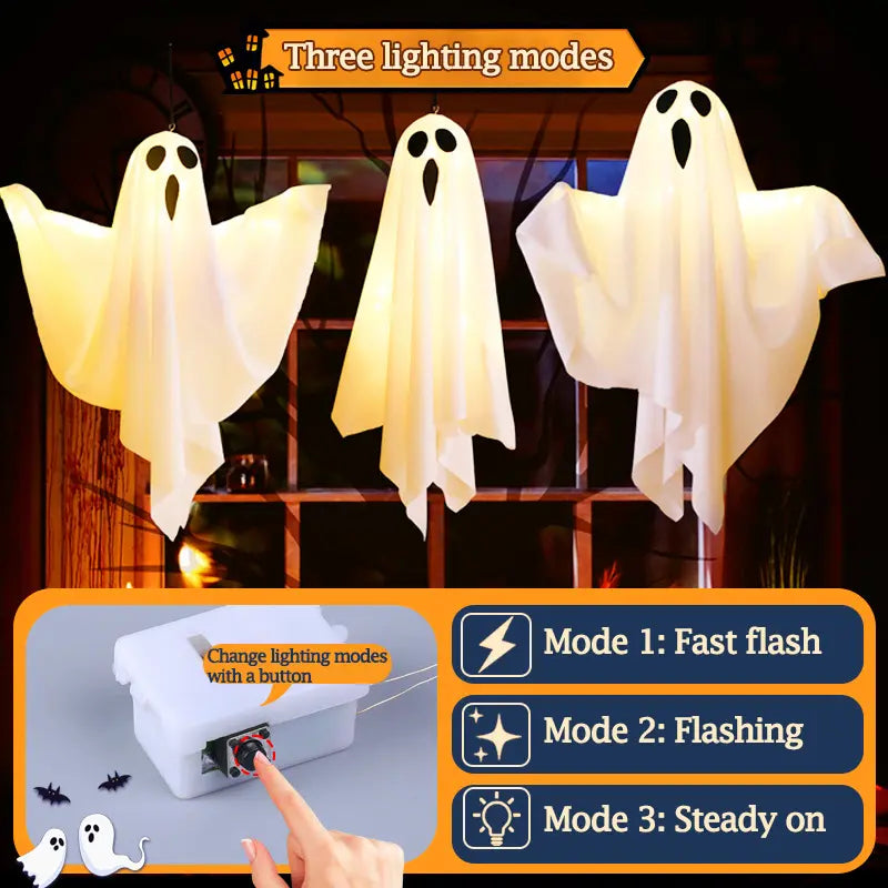 👻Halloween Hanging Ghost Light Decoration, Outdoor Indoor Night Glow Decor for Yard Porch Tree, Holiday Party Supplies Lighted(4PCS）
