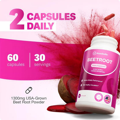 Organic Beet Root Capsules 1300mg Powder for Healthy Circulation Vitality Non-GMO Supplement 60 Capsules 30-Day Supply