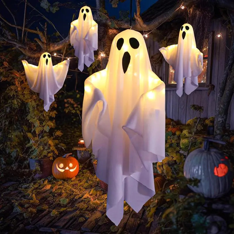👻Halloween Hanging Ghost Light Decoration, Outdoor Indoor Night Glow Decor for Yard Porch Tree, Holiday Party Supplies Lighted(4PCS）